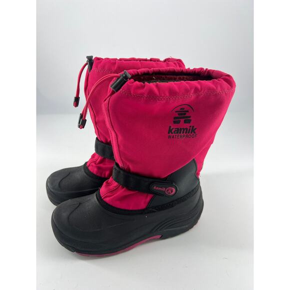 Kamik Winter Boots Girls Size 5 Pink Black Waterproof Lined Warm Snow Drawstring - Picture 1 of 10